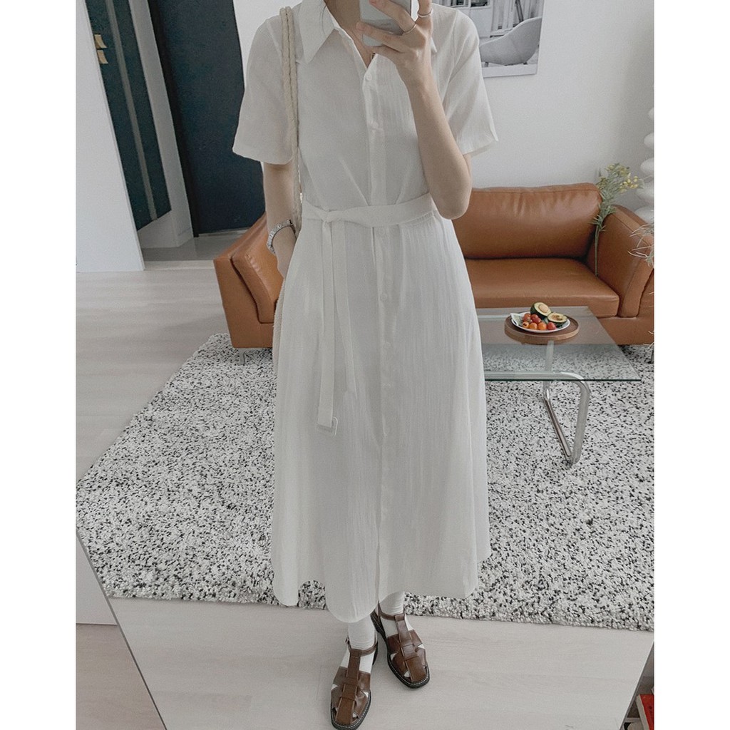 Đầm tay ngắn cổ bẻ thắt dây thời trang 43935