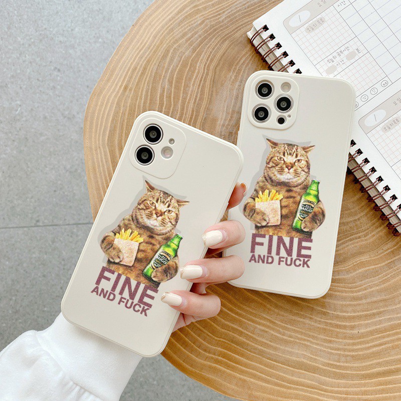 Ốp lưng iphone cạnh vuông mèo ôm bia dành cho ip 12promax xsmax 11 promax 7plus 8plus 6 plus x xr xs - E58