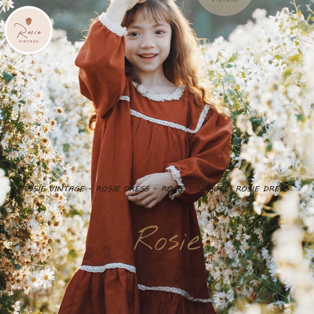 Váy nhung viền ren ROSIE V04 chất nhung mịn mềm cho bé gái từ 7-36kg