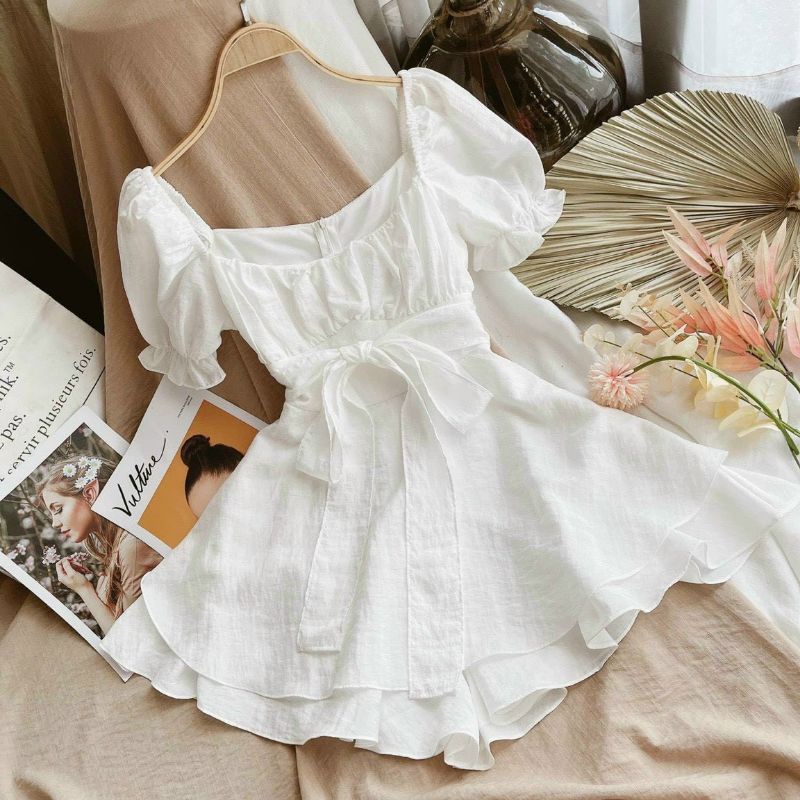 Đầm Trắng Xếp Ly Ngực Thắt Nơ Lưng Siêu Xinh