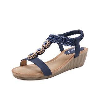Giày sandal Siketu quai ngang đính hạt sang trọng, đế xuồng 5cm