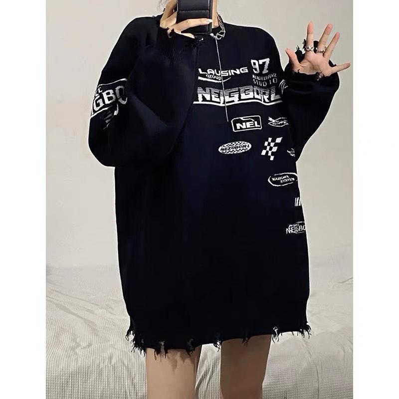 ✿♠Áo Sweater dệt kim dáng rộng in chữ kiểu Retro đường phố cá tính cho nam và nữ | BigBuy360 - bigbuy360.vn