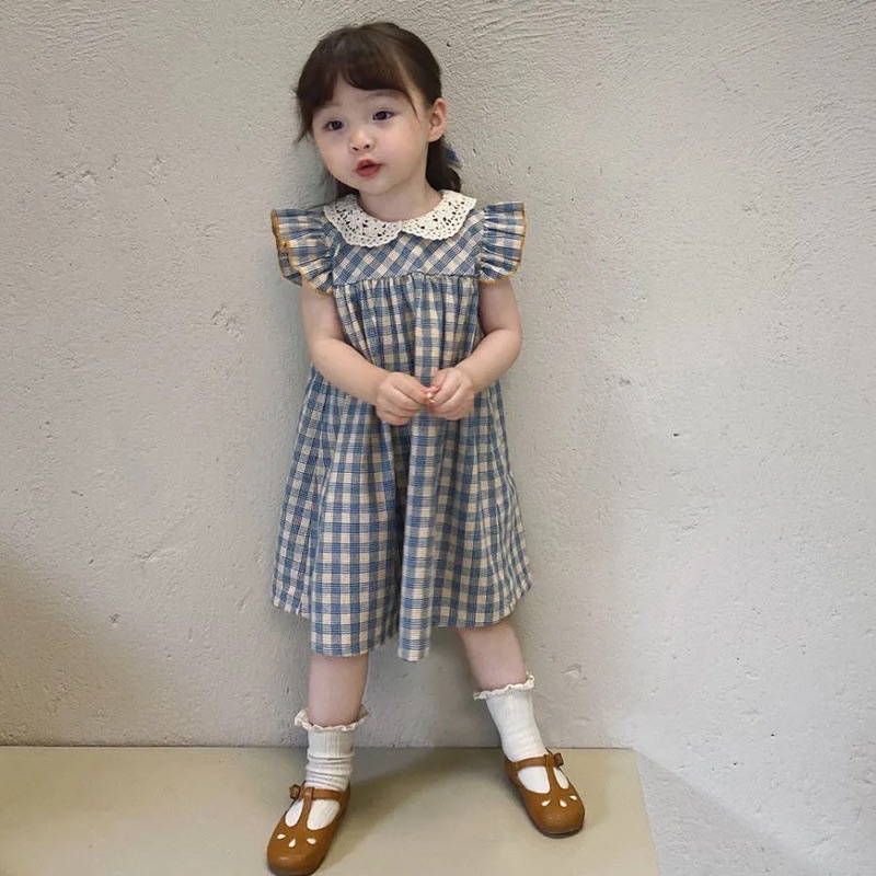 Váy bé gái cánh tiên cổ bẻ viền ren kẻ xanh phong cách Hàn quốc cực xinh cho bé Zalackids