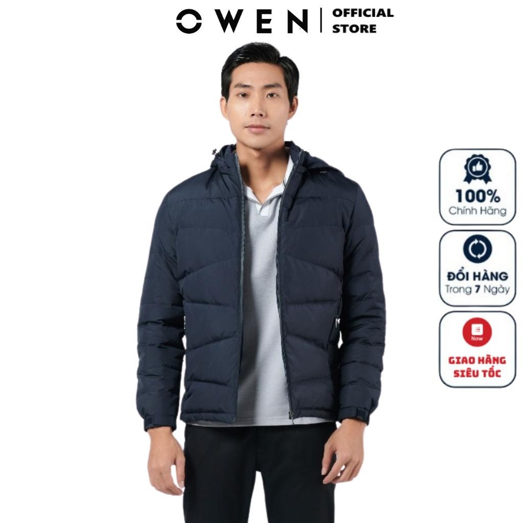 Áo Khoác Phao Nam Owen JK220726 Jacket Dáng Suông Có Mũ Bo Tay và Gấu Trẻ Trung Màu Navy Trơn Vải Polyester Cao Cấp