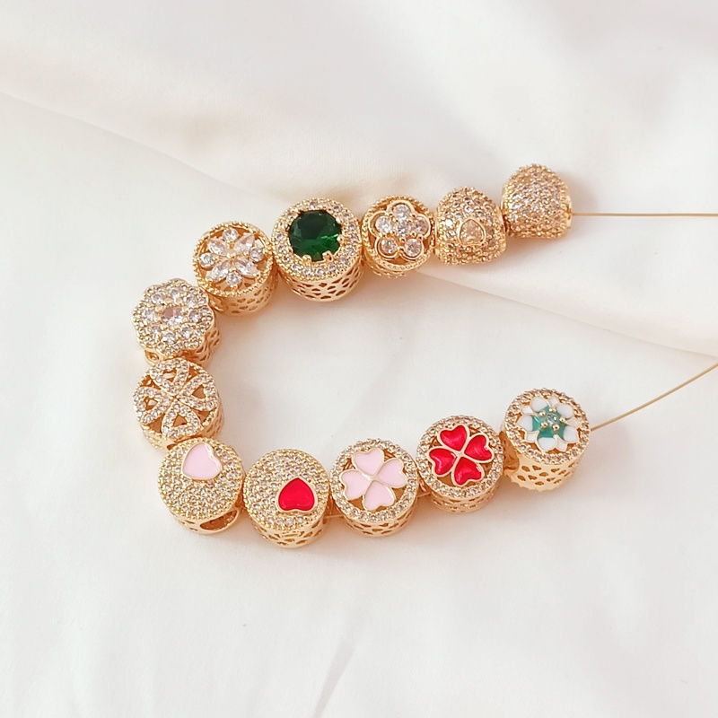 Hạt Cườm Mạ Vàng 14K Hình Trái Tim Bốn Lá Đính Đá Zircon Diy