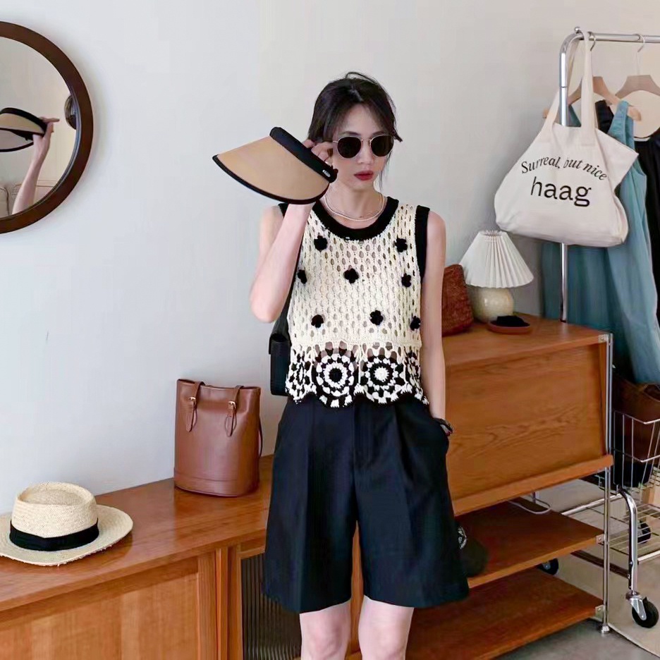 SUXI Áo Dệt Kim Sát Nách Cổ Chữ V Phong Cách Boho Cổ Điển