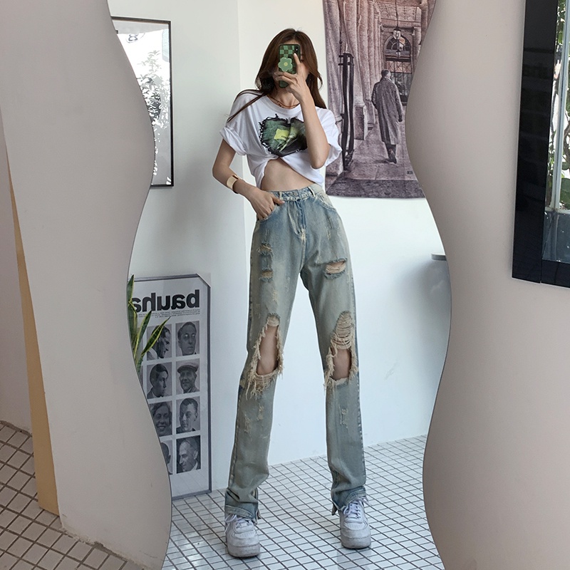 Ethelgirl Quần jeans Nữ Lưng Cao Mài Rách Thời Trang Hàn | BigBuy360 - bigbuy360.vn