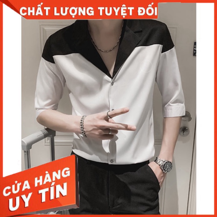 Áo Sơ Mi, Áo Sơ Mi Nam phối Vai cách điệu 2 màu Đen - Trắng sang trọng lịch lãm, trẻ trung T1 hàng thiết kế tại xưởng. -