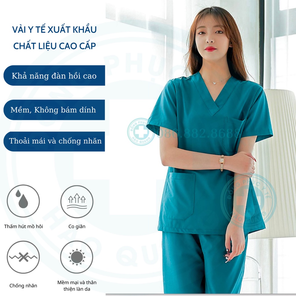 Bộ Scrubs bác sĩ HÀO QUANG xanh cổ vịt hàng cao cấp