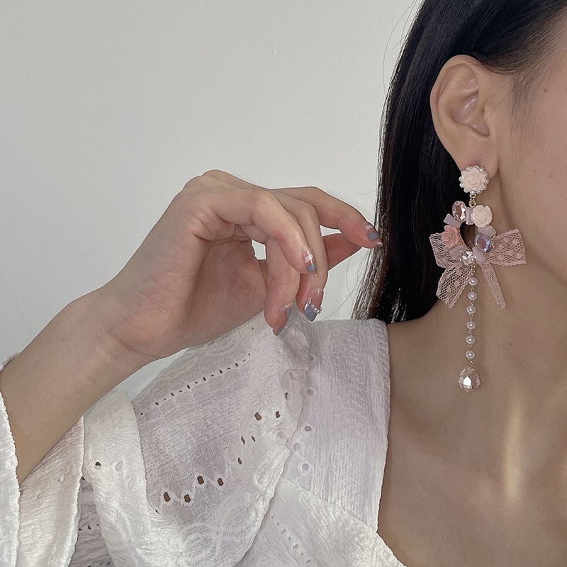 Bông Tai Đính Ngọc Trai Và Đá Hình Giọt Nước Phối Ren Tua Rua Phong Cách Hàn Quốc Sang Trọng Thời Trang 2022