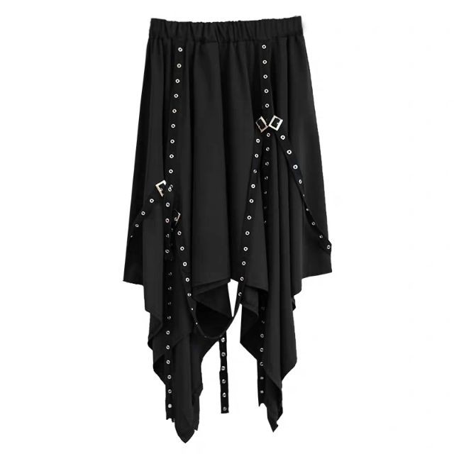 [ORDER+ẢNH THẬT] Chân váy đen xòe vạt lệch xẻ chéo cách điệu cá tính với dây kim loại style Ulzzang siêu chất 😍