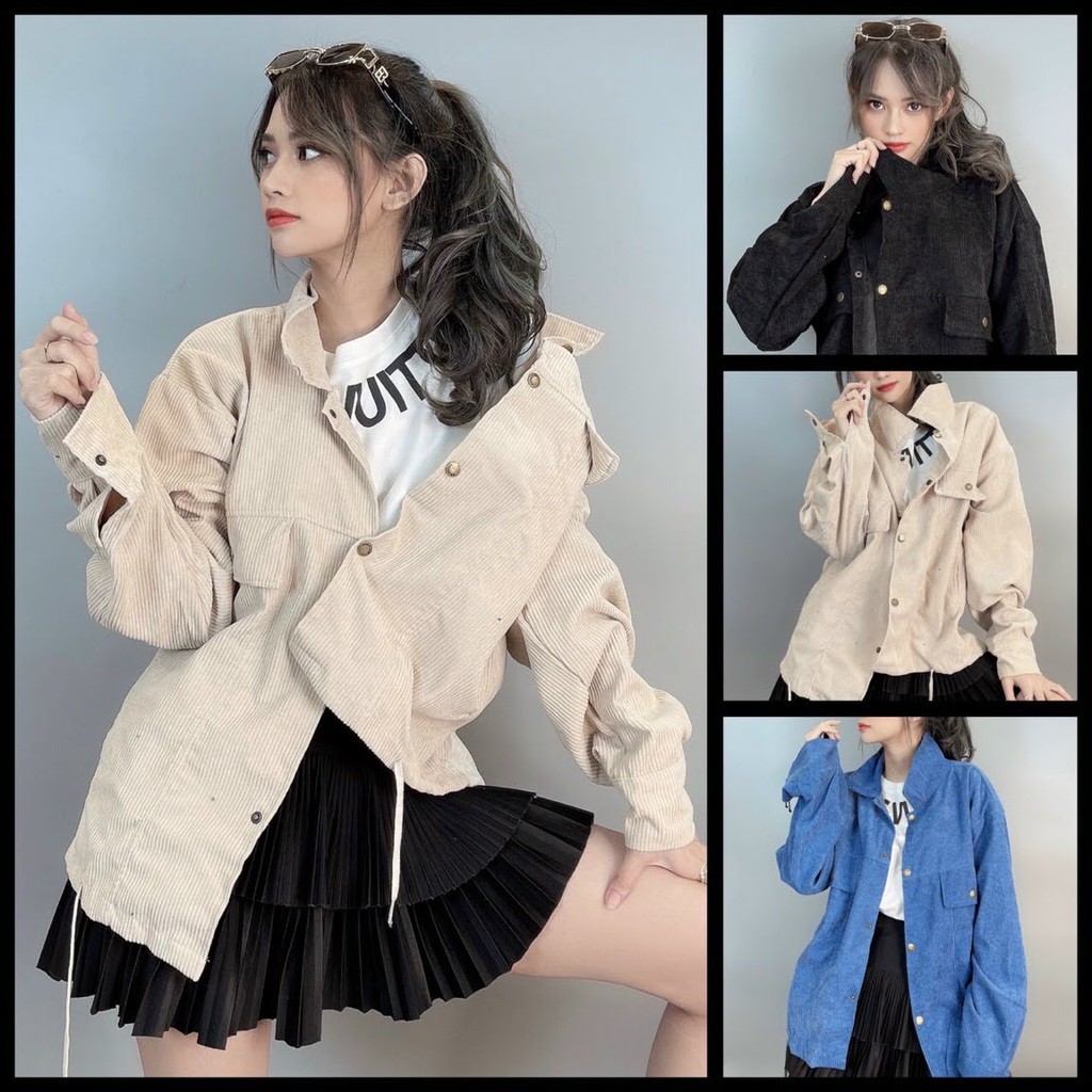 Áo khoác nam nữ sơ mi nhung 1 lớp 2 túi dây rút