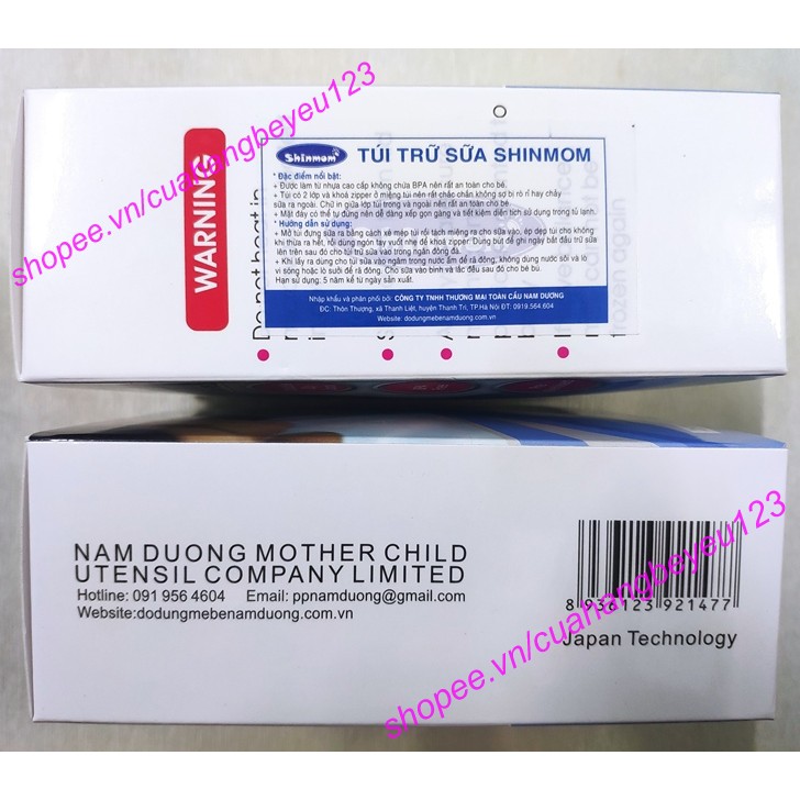 (Tách hộp) 10 túi trữ sữa mẹ 250ml SHINMOM S50V (Công nghệ Nhật)