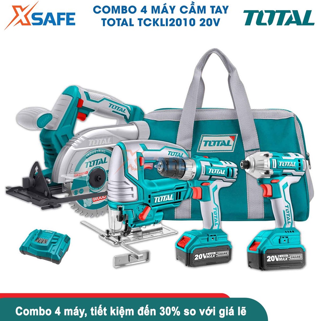 Bộ 4 máy cầm tay dùng pin 20V TOTAL TCKLI2010 gồm máy khoan, máy bắn vít, máy cưa lọng, máy cưa đĩa, 2pin 4a.h và 1 sạc