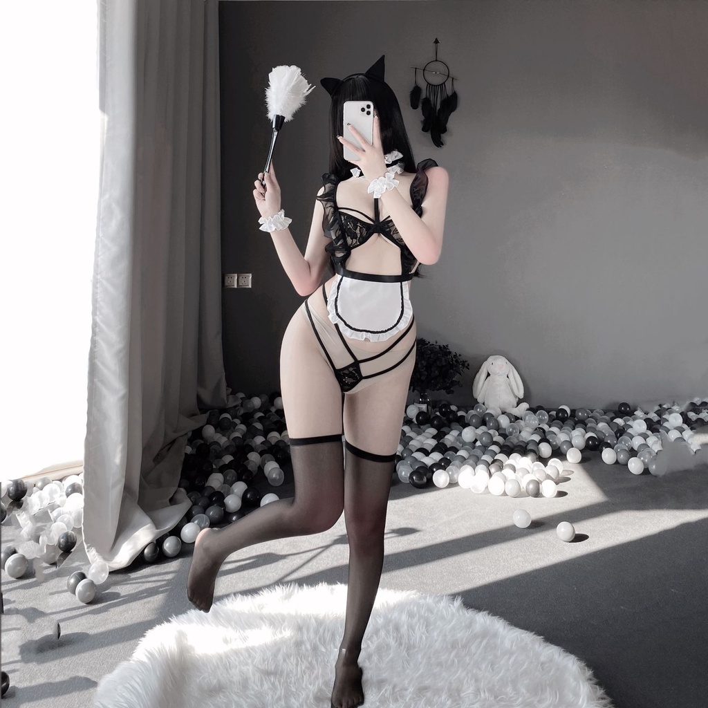 Đồ ngủ sexy đồ ngủ nữ cosplay người hầu mèo sexy ren lưới hoa văn màu đen freesize QUENQUEN store a1 | BigBuy360 - bigbuy360.vn