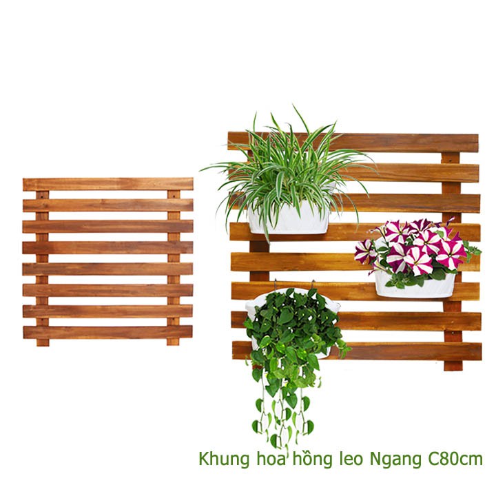 Giàn gỗ treo ban công, R80xC80cm, gỗ tràm siêu bền, màu gỗ, làm khung hoa hồng leo, bông giấy |Greenhome