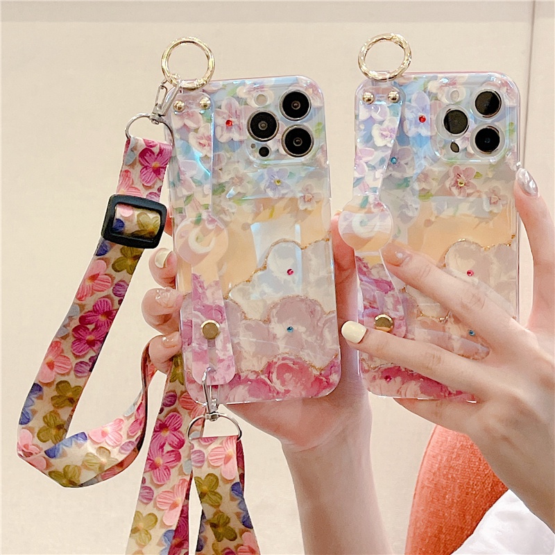 Ốp Điện Thoại Họa Tiết Hoa Có Dây Đeo Cho iPhone 12 13 11 Pro Max 13 Mini 7 8 Plus SE 2020 2022