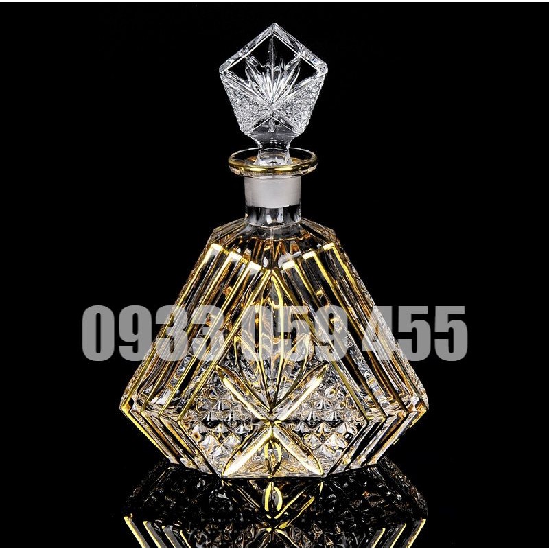 Bộ chai đựng rượu nút mài và 6 ly cốc uống rượu pha lê cao cấp nhũ vàng phong cách Pháp wine glass