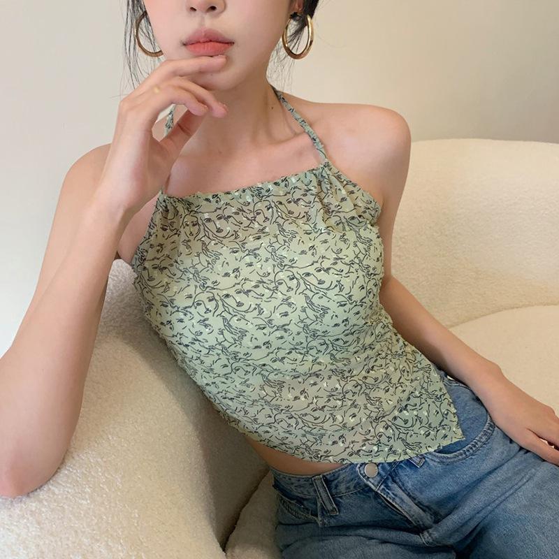 Áo Voan Hai Dây In Họa Tiết Xinh Xắn Theo Phong Cách Retro Hàn Quốc