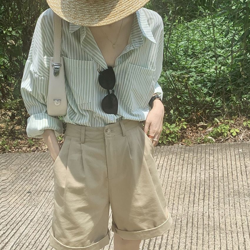 Áo sơ mi nữ tay dài họa tiết kẻ sọc thiết kế phong cách Retro Hàn Quốc trẻ trung dành cho nữ – kemi