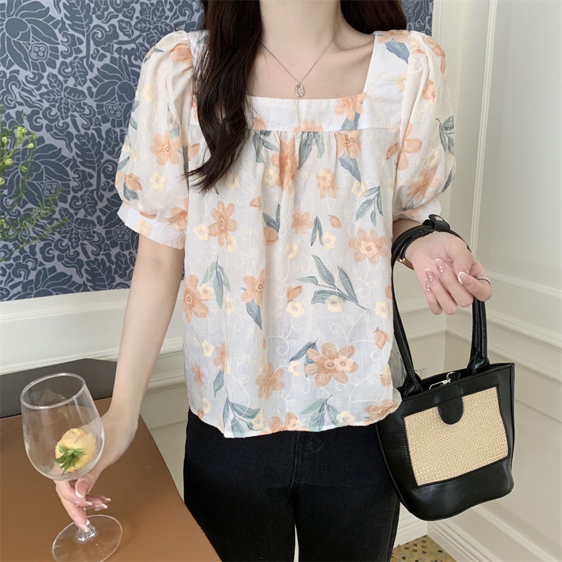Áo Sơ Mi Tay Phồng Cổ Vuông Dáng Rộng Thêu Họa Tiết Hoa Thời Trang Mùa Hè Mới