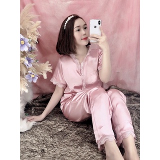 Đồ bộ phi lụa cổ tim viền ren - tay ngắn quần dài
