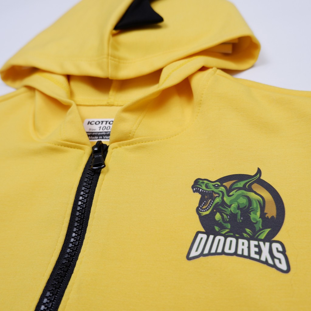 Áo phông bé trai hình khủng long Vàng Cam hoodie kéo khoá