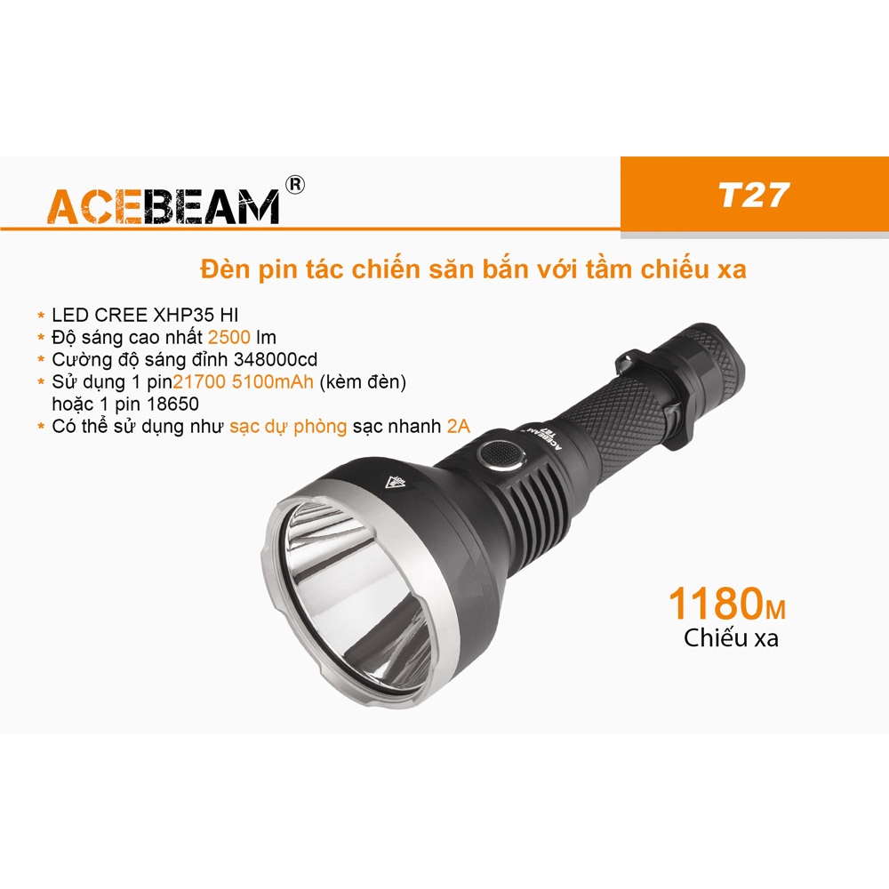 Đèn pin chiếu xa ACEBEAM T27 độ sáng 2500 lm  xa 1180m LED CREE XHP35 sạc USB-C pin sạc 21700 (kèm theo) Đèn &amp; Đèn Pin