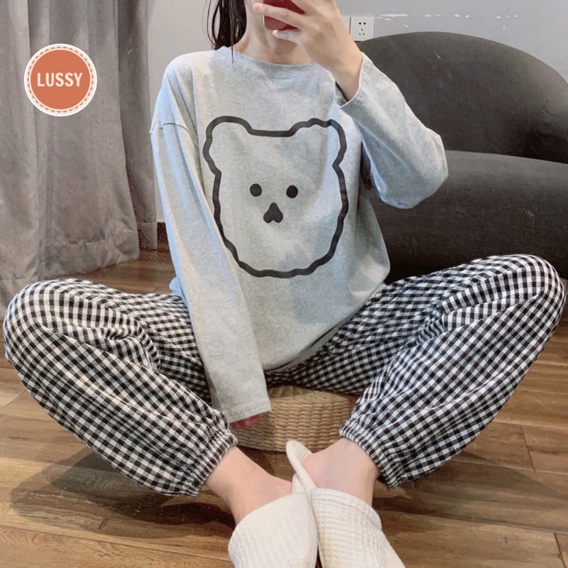 Đồ Bộ Nữ Hình Gấu Sọc Caro Siêu Xinh, Bộ Đồ Ngủ Thu Đông Pyjama Dài Tay Mặc Nhà Cotton Mềm Ulzzang Hàn Quốc 2021