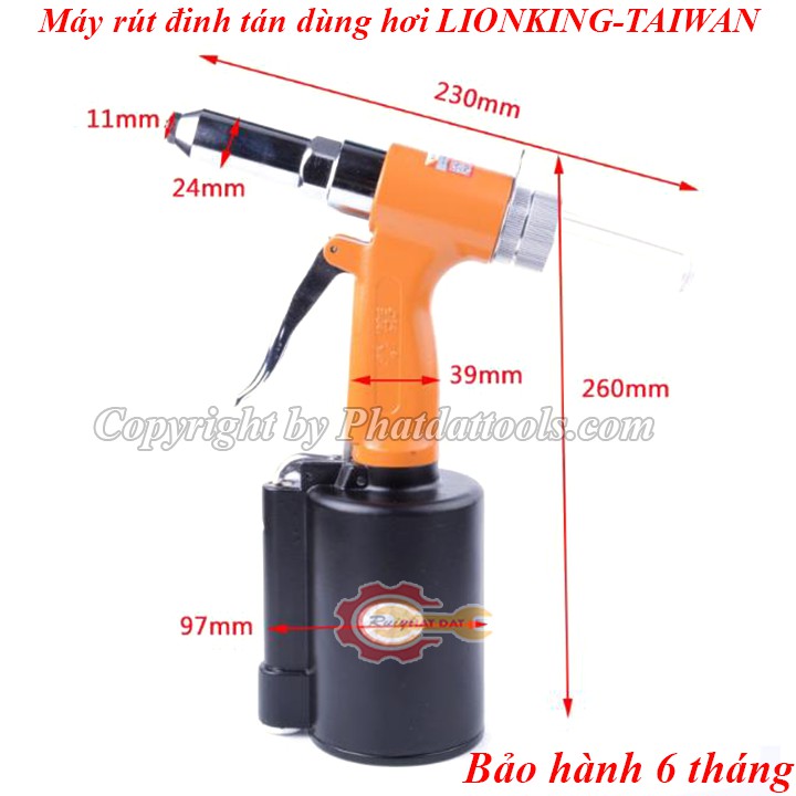 Máy rút đinh tán inox,nhôm dùng hơi LIONKING-Made in Đài Loan-Bảo hành chính hãng 6 tháng