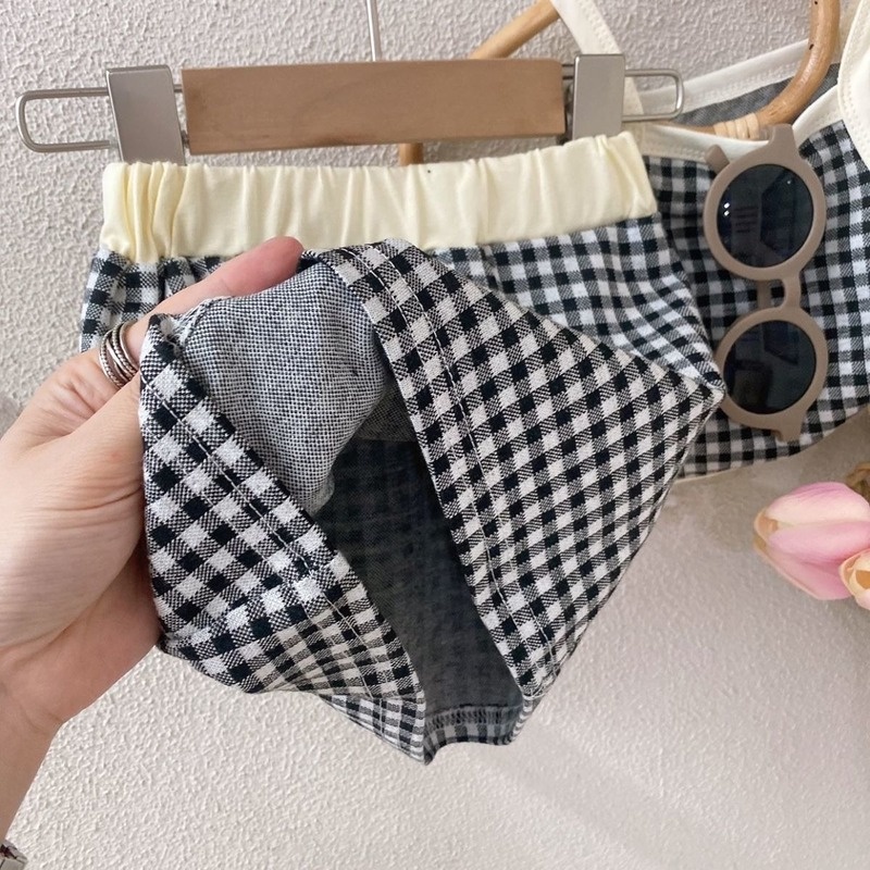 Set Áo Thun Ngắn Tay Cổ Tròn + Đầm Yếm Caro Thời Trang Hàn Cho Bé Gái