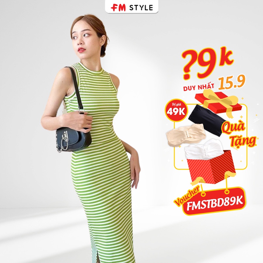 Đầm body dáng dài FM Style sát nách chất thun gân co giãn hoạ tiết sọc nhiều màu sắc 205060040