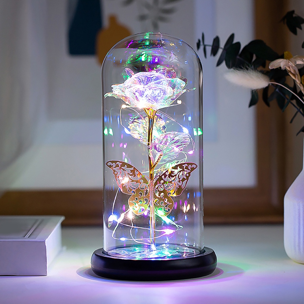 Rose in Glass Dome LED Light Simulated Flower Wedding Birthday Xmas