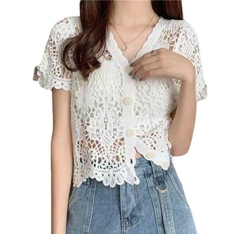 Áo Khoác Cardigan Ngắn Tay Phối Ren Lỗ Thời Trang Cho Nữ