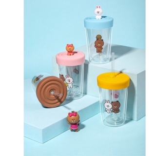 Cốc thủy tinh 2 lớp luckin coffee & line friends có nắp và ống hút