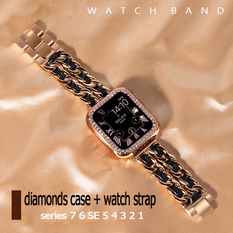 Dây da kim loại + vỏ kim cương jansin phong cách nữ trang thích hợp cho apple watch 7 band 41mm 45mm 38mm 40mm 42mm 44mm