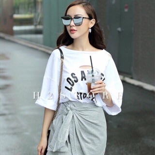 Set áo thun in chữ + chân váy đắp chéo
