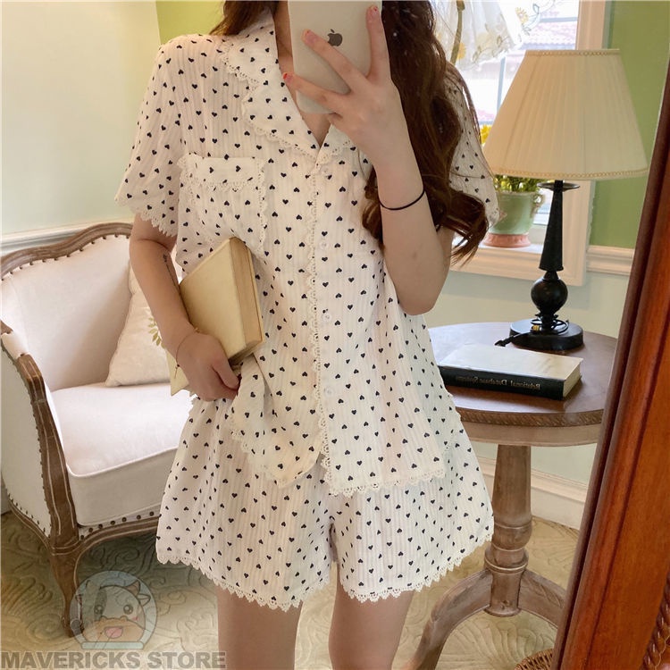 Bộ Đồ Ngủ Tay Ngắn Phối Ren Dễ Thương Phong Cách Hàn Quốc Cho Nữ