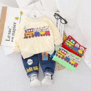 0-5 year old boy cute cartoon pattern (little train) T-shirt and jeans set long sleeve 2-piece set