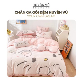 Set 4 món Bộ chăn ga gối Cotton100 thêu Kitty hồng - CHĂN GA GỐI ĐỆM HUYỀN VŨ