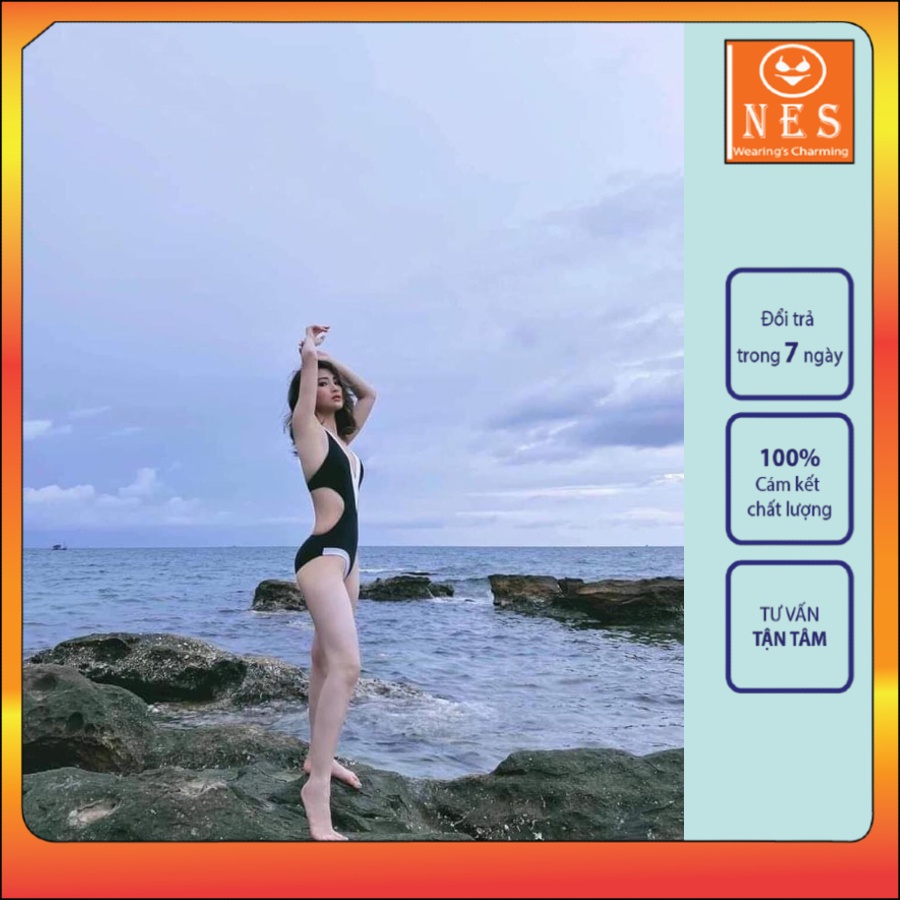 Bikini 1 mảnh liền thân đi biển đen phối trắng
