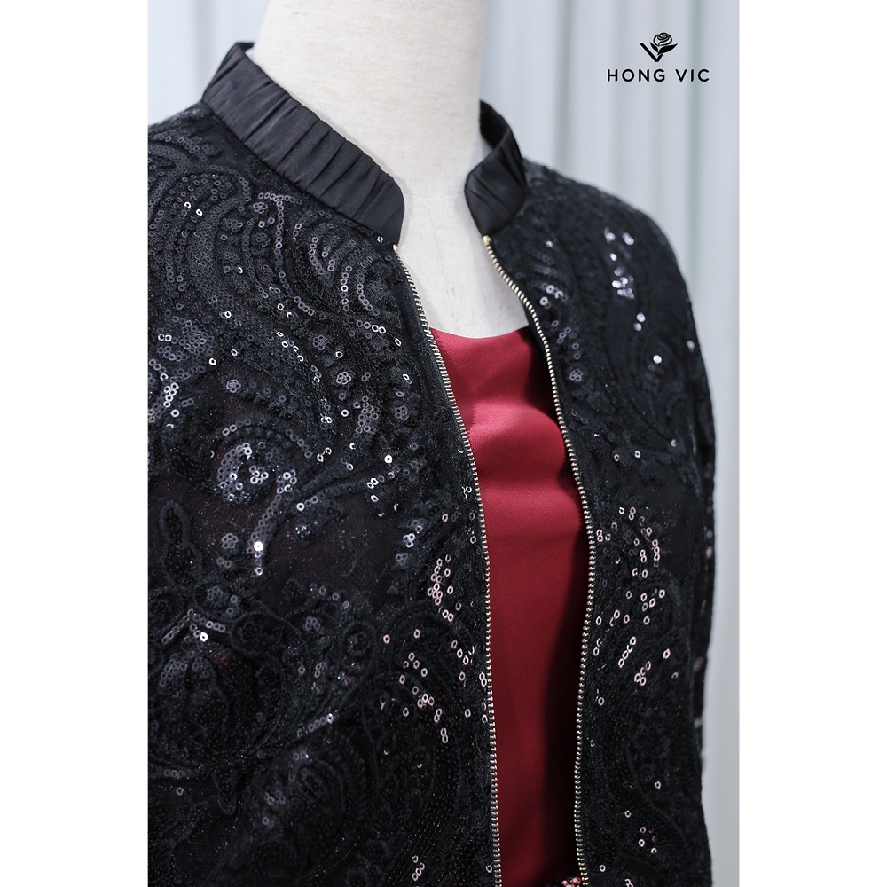 Áo khoác nữ thiết kế Hongvic đen kim sa SM343