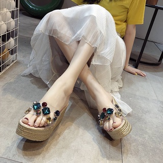 Dép sandal đế xuồng dày quai trong suốt đính đá dễ phối đồ thời trang mới
