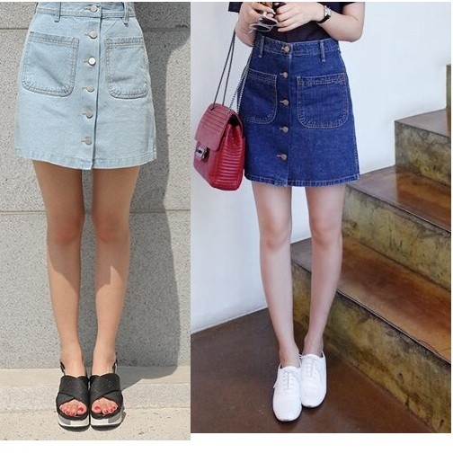 Váy jean 2 túi cài nút C115 vải dày không co dãn, cá tính, trẻ trung, hàng Quảng Châu
