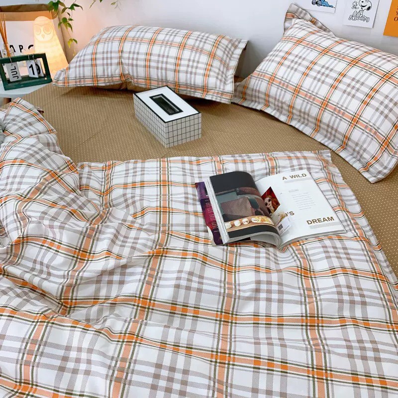 (Nhập POOHSINH1 giảm 15k)Bộ Chăn Ga Gối 4 Món Cotton 80% 3D Basic Kẻ Caro Đơn Giản Size m6/m8/2m - Poohbedding Cao Cấp