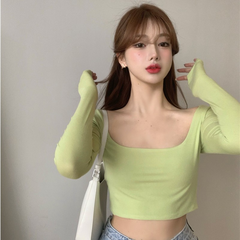 Áo thun nữ SUXI dài tay cổ chữ U màu trơn đa năng