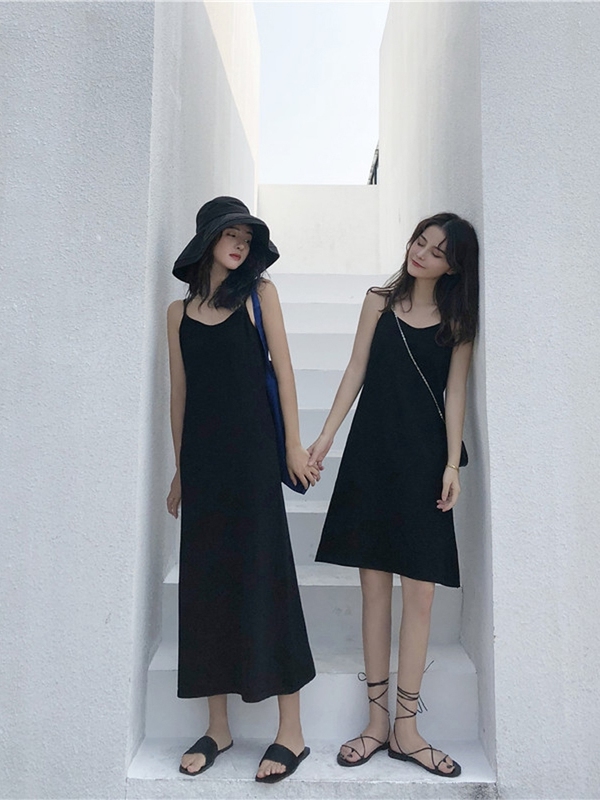 Váy hai dây nữ dài ngắn, đầm hai dây nữ màu đen trắng dài, ngắn đôi cặp 2021 thời trang hàn quốc