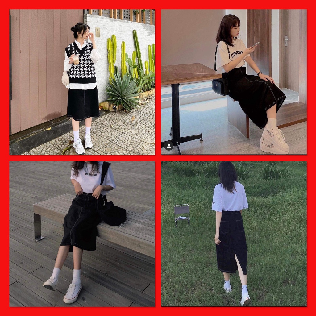 Chân Váy Jean Chỉ Nổi Nữ [FREESHIP]  Đầm mini dáng suông, jeans bò cạp cao xẻ sau lưng đẹp cá tính Ulzzang