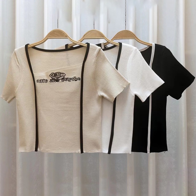 Áo Thun Tay Ngắn Dệt Kim Dáng Ôm Thời Trang Mùa Hè Cho Nữ