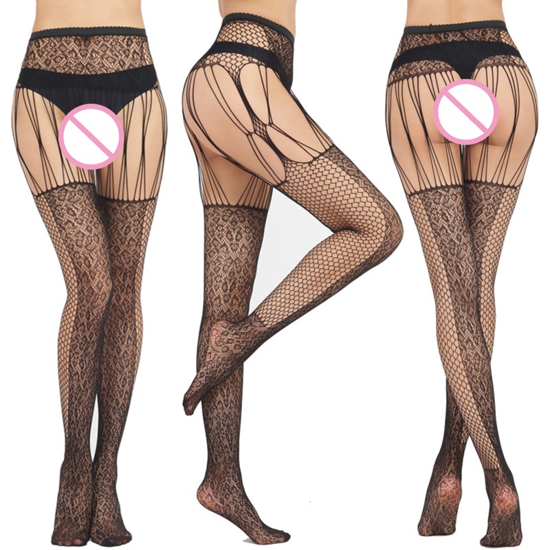 Xiangbao Quần Tất Lưới Jacquard Phối Ren Đen Lưng Cao Ngang Đùi Dành Cho Nữ